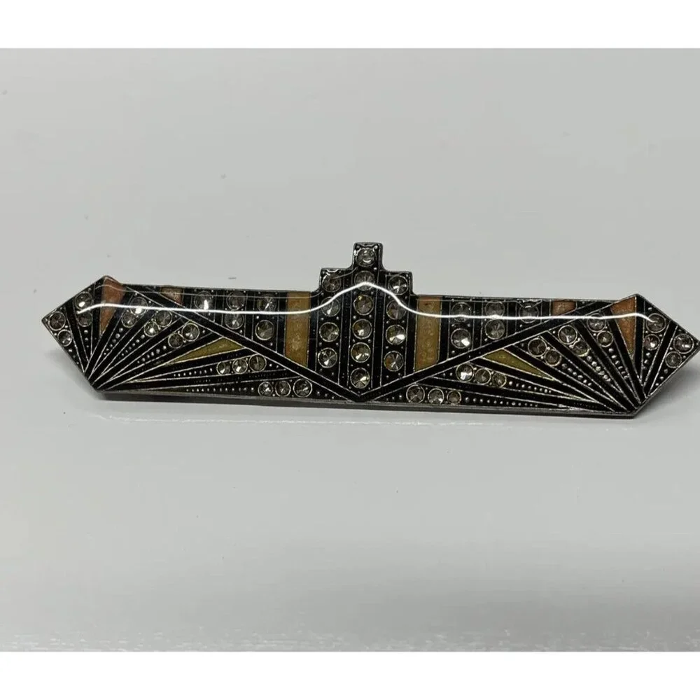 Vtg PIERRE BEX? Style JEWELRY ART DECO Ocean Liner ENAMEL BROOCH Pin Rhinestones